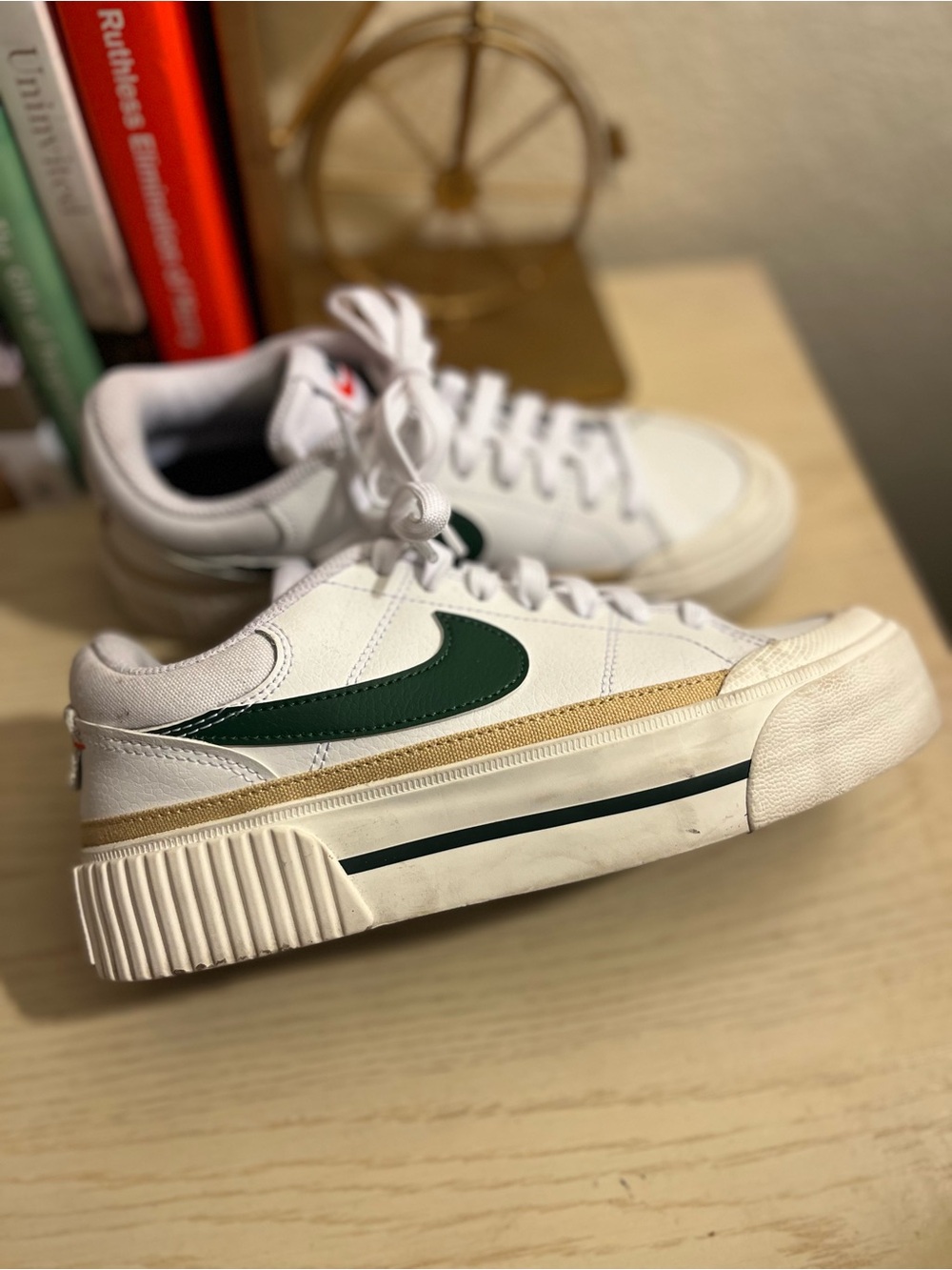 Nike Women’s White Sneakers with Green Swoosh and Tan Trim